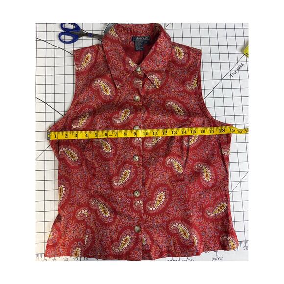 Harolds Red Floral Paisley Sleeveless Button Down Collared Shirt Women 12 - Picture 8 of 8
